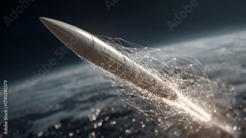 High-speed missile test showcasing cutting-edge defense technology. Ai dataflow. Fiery missile launch under a clear sky: testing modern defense systems. Digital intelligence. Ai web.