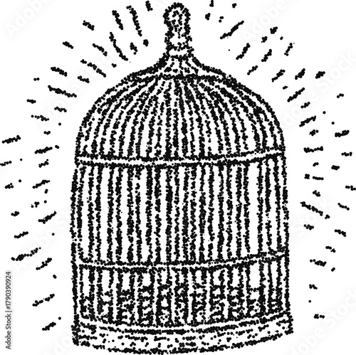 Vintage birdcage in stipple dotwork with radiant lines, monochrome vector engraving, classic ornate cage illustration