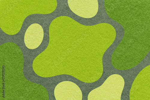 Abstract green, olive and khaki background with amorphous shapes and spots, paper texture in flat organic design