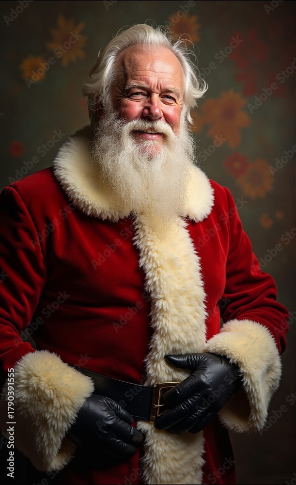 Obraz premium Festive Santa Claus smiles warmly, showcasing a full white beard and traditional red suit against a blurred floral background.