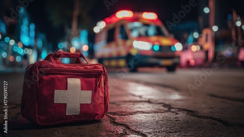 First aid kit on street with ambulance in background