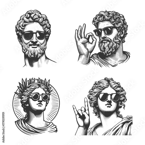 ancient Greek and Roman busts in sunglasses Set collection bundle sketch engraving generative ai vector illustration. Scratch board imitation. Black and white image.