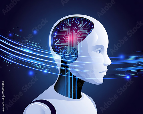 Futuristic robot head profile with glowing digital brain and data streams representing artificial intelligence