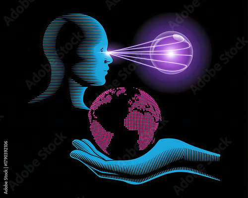 Digital human head emitting light beam onto a glowing abstract globe held in hands