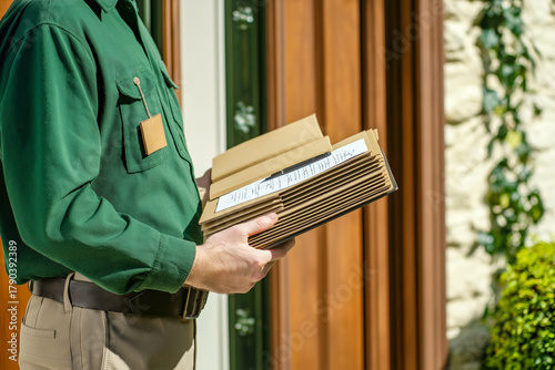Close-up of a mailman holding parcels and mails in hands  near the door