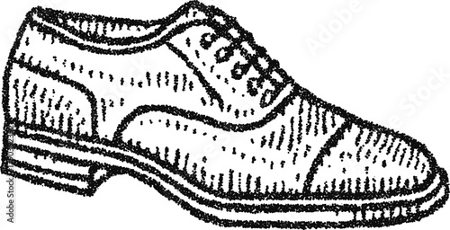 Cap toe Oxford dress shoe in stipple dotwork, vintage footwear illustration, monochrome vector engraving for menswear fashion branding