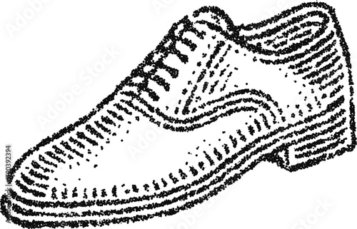 Cap toe Oxford dress shoe in stipple dotwork, vintage footwear illustration, monochrome vector engraving for menswear fashion branding