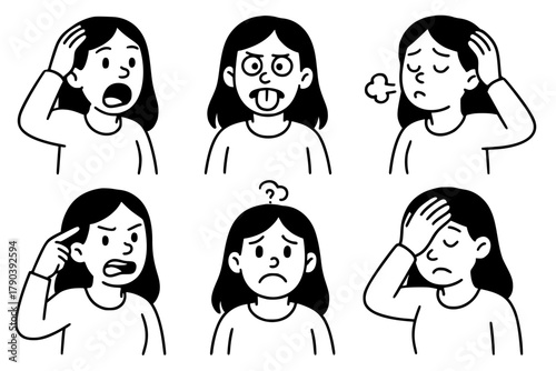 Six vector drawings of stupid goofy expression on woman face