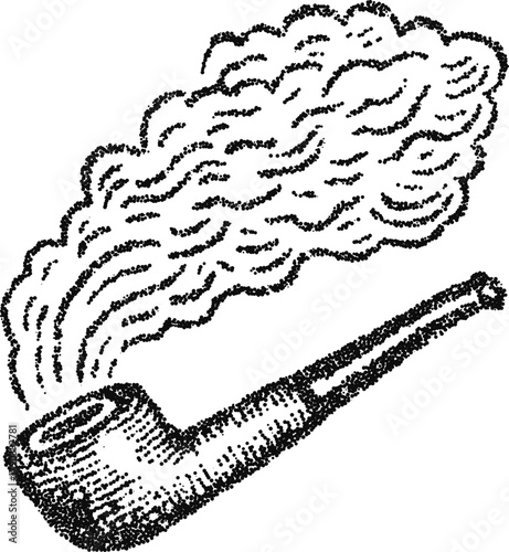 Smoking pipe with large swirling cloud in stipple dotwork, vintage lounge accessory illustration, monochrome vector engraving for lifestyle design