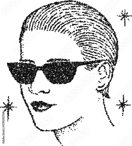 Stylish woman portrait with cat‑eye sunglasses in stipple dotwork, modern fashion face with sparkle stars, monochrome vector engraving