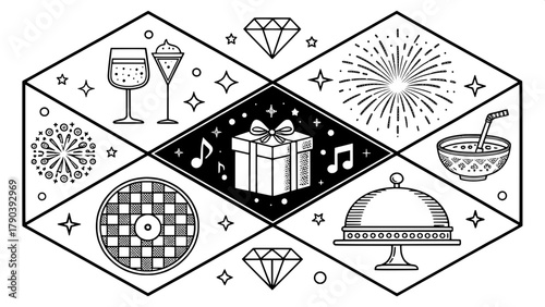 Flat vector grid of celebration-themed icons in monochrome line art: beer mug, cocktail glass, gift box, musical notes, fireworks, disco ball, and tray with cloche, composed in a balanced geometric la