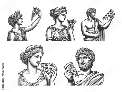 Greek and Roman statues humorously holding and admiring slices of cheesy, dripping pizza Set collection bundle sketch engraving generative ai vector illustration. Scratch board. Black and white image.