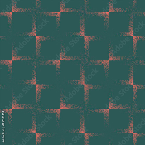 Ambient sci-fi squares grid seamless pattern with red green gradient stipple tone. Futuristic halftone vector layout for abstract visuals, modern design templates, and enigmatic pixel backgrounds
