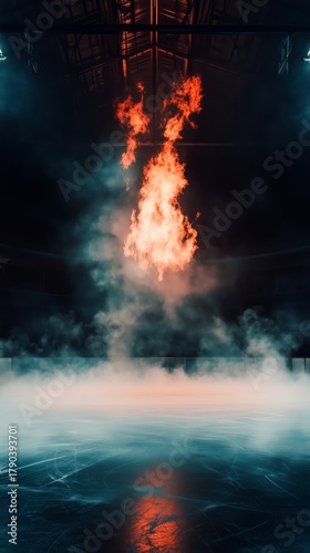 Bright Flames Rise From a Serene Water Surface Under Dark, Cloudy Sky at Sunset