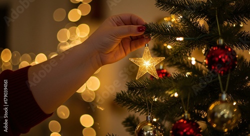 A hand carefully places a glowing star ornament on a beautifully decorated christmas tree with bokeh lights
