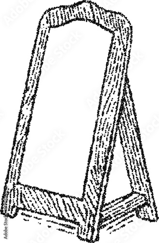 Wooden frame full length floor mirror in stipple dotwork, minimal standing dressing mirror, monochrome vector engraving for interior branding