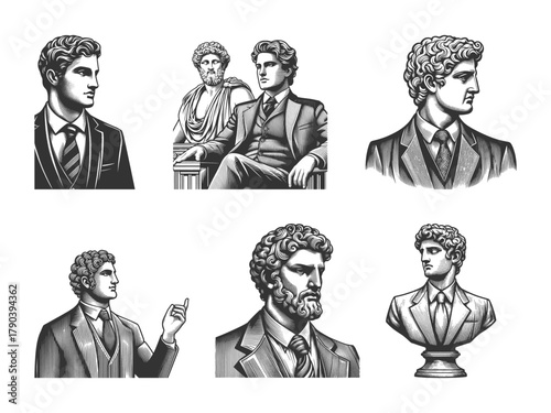 Greek and Roman statues in business suits, tradition with modern professionalism Set collection bundle sketch engraving generative ai vector illustration. Scratch board imitation. Black and white.