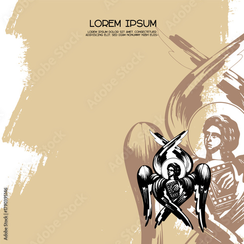 Religious vintage poster template with Saint Matthew the Apostle symbol. Christian illustration in Byzantine style