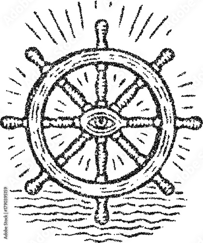 All seeing nautical helm wheel with radiant rays in stipple dotwork, monochrome vector engraving for maritime destiny symbolism