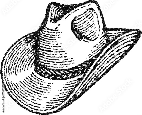 Classic cowboy hat with curled brim in stipple dotwork, western ranch style illustration, monochrome vector engraving for apparel branding