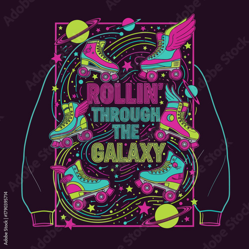 Retro Roller Skates With Wings Rolling Through Galaxy.