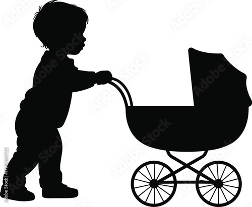 Child pushing stroller silhouette, standing profile view, classic pram design, bold contrast, cad drawing vector illustration