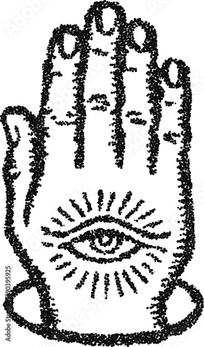 Open palm with radiant all‑seeing eye in stipple dotwork, mystical talisman hand, monochrome vector engraving