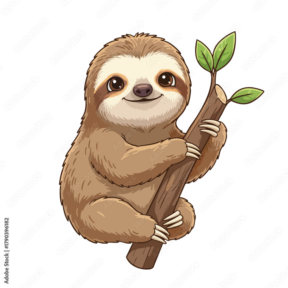 Fototapeta premium Cute sloth hanging on a tree branch cartoon illustration
