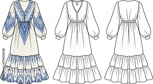 Long embroidered dress fashion template, front side back view, tiered skirt design, CAD drawing flat vector illustration