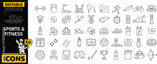 Sports and fitness icon set. editable stroke featuring various athletic activities and equipment in outline style