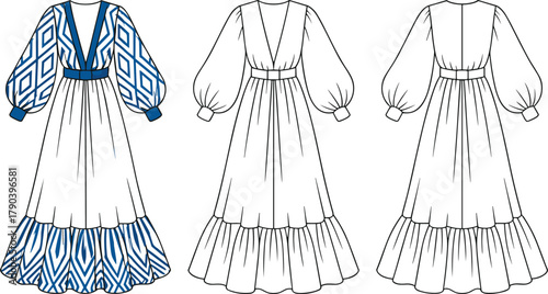 Long tiered dress fashion flat, deep V-neck, voluminous sleeves, CAD technical sketch, vector illustration, garment design template