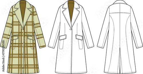 Plaid coat fashion flat, notched lapel, flap pockets, CAD technical sketch, vector illustration, garment design template