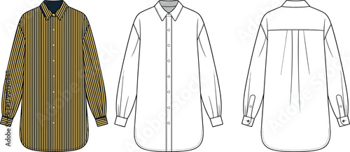 Striped button-up shirt fashion flat, long sleeve, collar detail, CAD technical sketch, vector illustration, garment design template