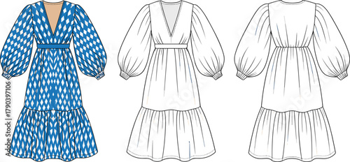 Women's dress fashion flat, V-neck puff sleeve tiered skirt, CAD technical drawing, vector illustration, garment design template