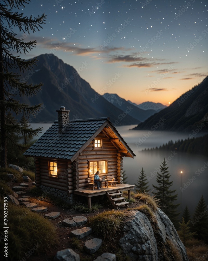Fototapeta premium Cozy cabin in the mountains at twilight with a starry sky