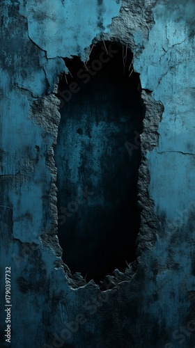 Wall With Jagged Opening Revealing Dark Void in Urban Setting