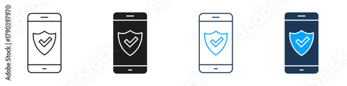 Smartphone With Shield And Checkmark Line And Solid Icon Set. Mobile Security, Data Protection, And Privacy Assurance Symbol Collection. Cybersecurity And Safe Browsing. Isolated Vector Illustration