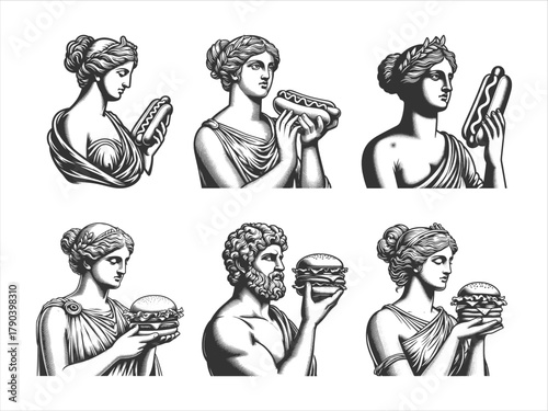Greek and Roman statues presenting fast food items like hot dogs and hamburgers Set collection bundle sketch engraving generative ai vector illustration. Scratch board imitation. Black and white image