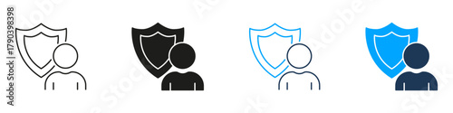 Person With Shield Line And Solid Icon Set. Security, Protection, And Privacy Assurance Symbol Collection. Cybersecurity And Data Safety. Isolated Vector Illustration