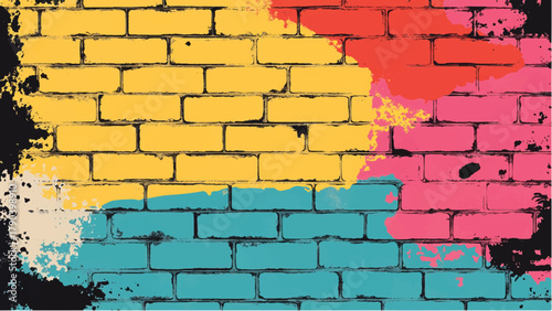 Colorful graffiti wall with multicolor paint on brick background. Colorful brick wall background. Brick wall pattern.