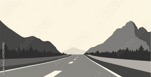 Mountain road through forested landscape with open highway. Mountain road landscape. Vector illustration.