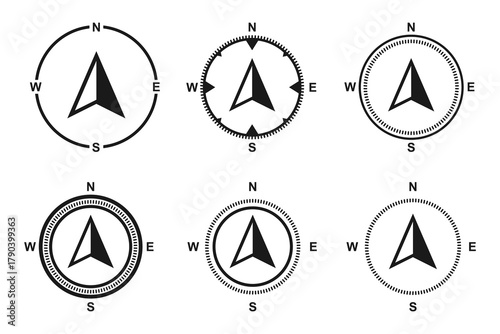 Set of compass logo. Black compass. East, West, North and South.