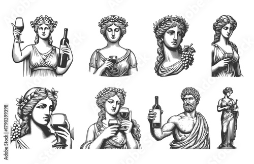 Greek and Roman figures holding wine glasses and bottles, blending classical art with wine culture Set collection bundle sketch engraving generative ai vector illustration. Black and white image.