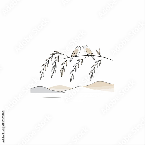 Elegant minimalist illustration of two birds perched on a graceful willow branch, symbolizing companionship and the tranquil beauty of nature with soft background hills
