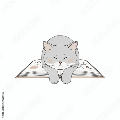 Cute Cat Sleeping on Open Book Illustration for Children's Story