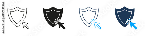 Shield With Cursor Click Line And Solid Icon Set. Cybersecurity, Internet Protection, And Online Safety Symbol Collection. Digital Security Interface. Isolated Vector Illustration