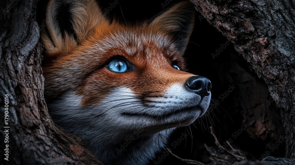 Naklejka premium A close-up of a fox peering out from a hollow tree, showcasing its vibrant orange fur and striking blue eyes, perfect for nature-themed projects, wildlife articles, or animal conservation campaigns,