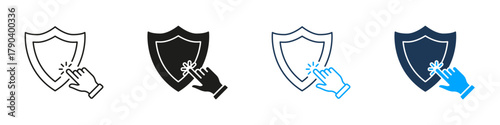 Shield With Hand Click Line And Solid Icon Set. Cybersecurity, Protection, And User Interaction Symbol Collection. Digital Safety And Online Security. Isolated Vector Illustration