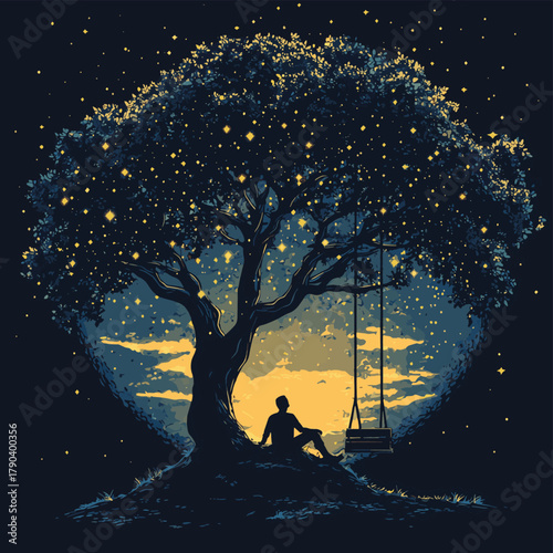 A man lost in thought sits on a swing beneath a cosmic tree with branches stretching into a starry sky, embodying contemplation and the vastness of the universe, Cosmic contemplati