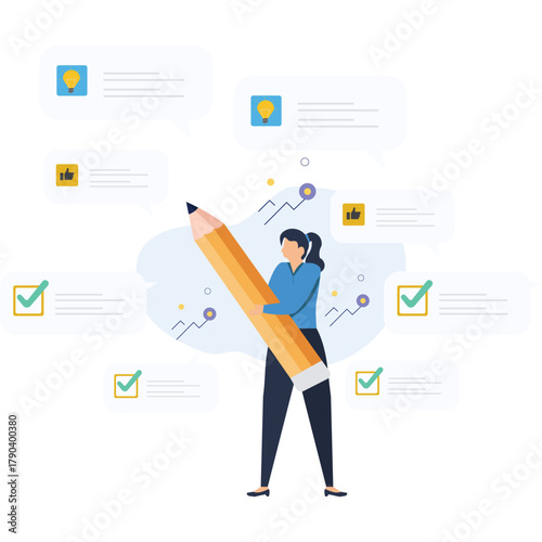 Creative woman holding pencil surrounded by ideas and feedback  flat illustration